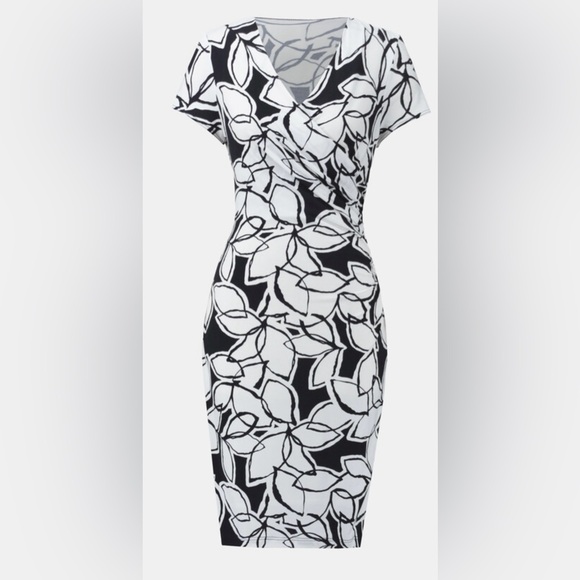 Joseph Ribkoff Monochrome Leaf Pattern Midi Dress In Black and White - Picture 1 of 13